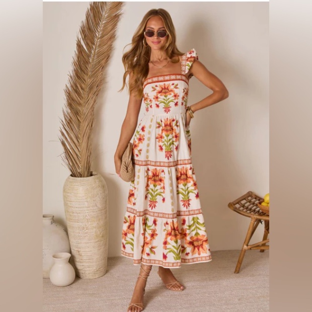 Vici Cream Midi Dress with Orange & Green Floral Print